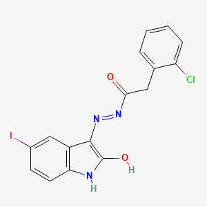 molecular formula C16H11ClIN3O2 B2483166 N-(氮杂(5-碘-2-氧代吲哚-3-基甲烯)甲基)-2-(2-氯苯基)乙酰胺 CAS No. 1024534-81-3
