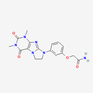molecular formula C17H18N6O4 B2483264 2-[3-(1,3-Dimethyl-2,4-dioxo-1,3,5-trihydroimidazolidino[1,2-h]purin-8-yl)phen oxy]acetamide CAS No. 946340-70-1