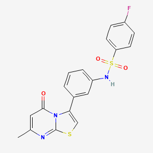 molecular formula C19H14FN3O3S2 B2483278 4-フルオロ-N-(3-(7-メチル-5-オキソ-5H-チアゾロ[3,2-a]ピリミジン-3-イル)フェニル)ベンゼンスルホンアミド CAS No. 1020980-60-2