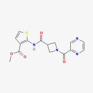 molecular formula C15H14N4O4S B2483288 甲基2-(1-(吡嗪-2-甲酰)吖氮杂环丙酮-3-羧酰胺)噻吩-3-羧酸酯 CAS No. 1396874-91-1