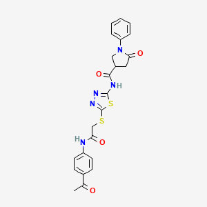 molecular formula C23H21N5O4S2 B2483291 N-(5-((2-((4-acetylphenyl)amino)-2-oxoethyl)thio)-1,3,4-thiadiazol-2-yl)-5-oxo-1-phenylpyrrolidine-3-carboxamide CAS No. 872594-65-5