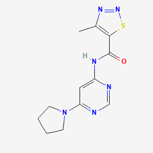 molecular formula C12H14N6OS B2483368 4-methyl-N-(6-(pyrrolidin-1-yl)pyrimidin-4-yl)-1,2,3-thiadiazole-5-carboxamide CAS No. 1396686-33-1