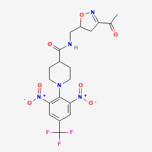 molecular formula C19H20F3N5O7 B2483371 N-[(3-acetyl-4,5-dihydro-1,2-oxazol-5-yl)methyl]-1-[2,6-dinitro-4-(trifluoromethyl)phenyl]piperidine-4-carboxamide CAS No. 306978-00-7