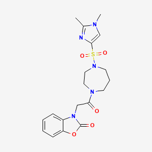 molecular formula C19H23N5O5S B2483470 3-(2-(4-((1,2-dimethyl-1H-imidazol-4-yl)sulfonyl)-1,4-diazepan-1-yl)-2-oxoethyl)benzo[d]oxazol-2(3H)-one CAS No. 1903471-38-4