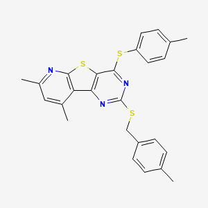 molecular formula C26H23N3S3 B2483474 7,9-二甲基-2-[(4-甲基苯基甲基)硫代]-4-[(4-甲基苯基)硫代]吡啶并[3',2':4,5]噻吩并[3,2-d]嘧啶 CAS No. 672950-72-0