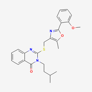 molecular formula C25H27N3O3S B2483527 3-isopentyl-2-(((2-(2-methoxyphenyl)-5-methyloxazol-4-yl)methyl)thio)quinazolin-4(3H)-one CAS No. 1114653-61-0