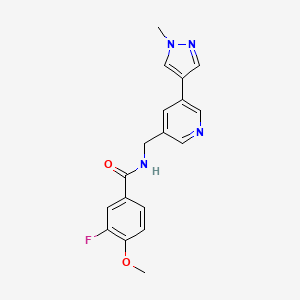 molecular formula C18H17FN4O2 B2483576 3-フルオロ-4-メトキシ-N-((5-(1-メチル-1H-ピラゾール-4-イル)ピリジン-3-イル)メチル)ベンザミド CAS No. 2034383-25-8