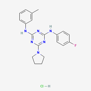 molecular formula C20H22ClFN6 B2483583 N2-(4-fluorophenyl)-6-(pyrrolidin-1-yl)-N4-(m-tolyl)-1,3,5-triazine-2,4-diamine hydrochloride CAS No. 1179425-70-7