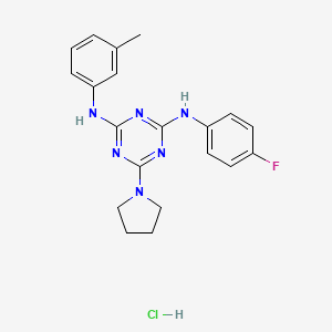 molecular formula C20H22ClFN6 B2483583 N2-(4-氟苯基)-6-(吡咯啉-1-基)-N4-(间甲苯基)-1,3,5-三嗪-2,4-二胺盐酸盐 CAS No. 1179425-70-7