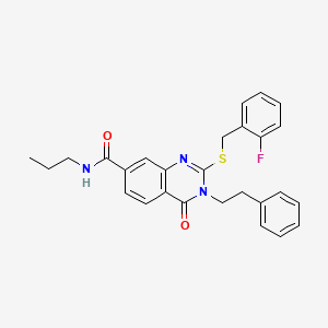 molecular formula C27H26FN3O2S B2483592 2-((2-fluorobenzyl)thio)-4-oxo-3-phenethyl-N-propyl-3,4-dihydroquinazoline-7-carboxamide CAS No. 1115485-55-6