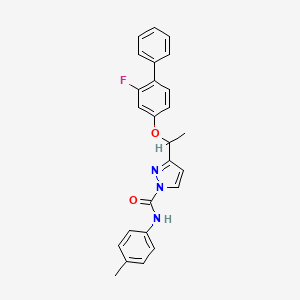 molecular formula C25H22FN3O2 B2483624 3-{1-[(2-fluoro[1,1'-biphenyl]-4-yl)oxy]ethyl}-N-(4-methylphenyl)-1H-pyrazole-1-carboxamide CAS No. 477709-73-2