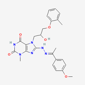 (E)-7-(2-hydroxy-3-(o-tolyloxy)propyl)-8-(2-(1-(4-methoxyphenyl)ethylidene)hydrazinyl)-3-methyl-1H-purine-2,6(3H,7H)-dione