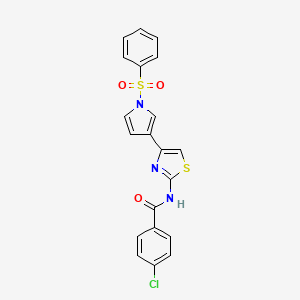 molecular formula C20H14ClN3O3S2 B2483654 4-chloro-N-(4-(1-(phenylsulfonyl)-1H-pyrrol-3-yl)thiazol-2-yl)benzamide CAS No. 1146914-86-4