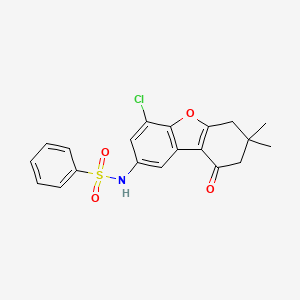molecular formula C20H18ClNO4S B2483683 N-(4-chloro-7,7-dimethyl-9-oxo-6,8-dihydrodibenzofuran-2-yl)benzenesulfonamide CAS No. 425373-66-6