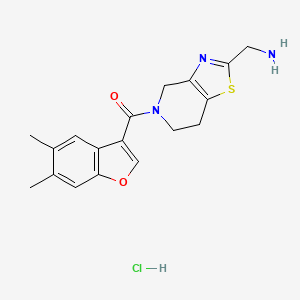 molecular formula C18H20ClN3O2S B2483700 [2-(Aminomethyl)-6,7-dihydro-4H-[1,3]thiazolo[4,5-c]pyridin-5-yl]-(5,6-dimethyl-1-benzofuran-3-yl)methanone;hydrochloride CAS No. 2418675-25-7