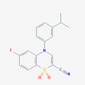 molecular formula C18H15FN2O2S B2483773 6-fluoro-4-(3-isopropylphenyl)-4H-benzo[b][1,4]thiazine-2-carbonitrile 1,1-dioxide CAS No. 1206988-12-6