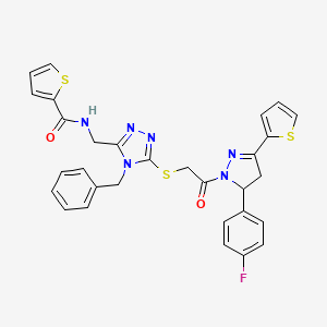 molecular formula C30H25FN6O2S3 B2483798 N-((4-benzyl-5-((2-(5-(4-fluorophenyl)-3-(thiophen-2-yl)-4,5-dihydro-1H-pyrazol-1-yl)-2-oxoethyl)thio)-4H-1,2,4-triazol-3-yl)methyl)thiophene-2-carboxamide CAS No. 393783-19-2