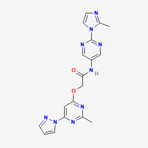 molecular formula C18H17N9O2 B2483819 N-(2-(2-methyl-1H-imidazol-1-yl)pyrimidin-5-yl)-2-((2-methyl-6-(1H-pyrazol-1-yl)pyrimidin-4-yl)oxy)acetamide CAS No. 1421482-54-3