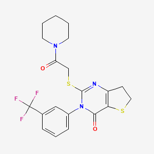 molecular formula C20H20F3N3O2S2 B2483843 2-((2-oxo-2-(piperidin-1-yl)ethyl)thio)-3-(3-(trifluoromethyl)phenyl)-6,7-dihydrothieno[3,2-d]pyrimidin-4(3H)-one CAS No. 877654-04-1