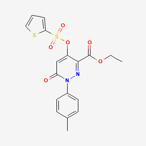 molecular formula C18H16N2O6S2 B2484022 乙酸-6-氧代-4-((噻吩-2-基磺酰)氧基)-1-(对甲苯基)-1,6-二氢吡啶嗪-3-羧酸乙酯 CAS No. 899959-84-3