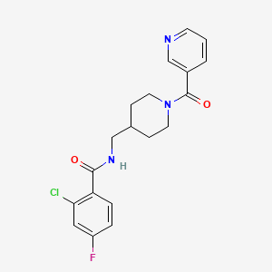 molecular formula C19H19ClFN3O2 B2484029 2-chloro-4-fluoro-N-((1-nicotinoylpiperidin-4-yl)methyl)benzamide CAS No. 1396813-65-2