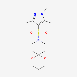 molecular formula C14H23N3O4S B2484079 9-((1,3,5-trimethyl-1H-pyrazol-4-yl)sulfonyl)-1,5-dioxa-9-azaspiro[5.5]undecane CAS No. 1428371-17-8