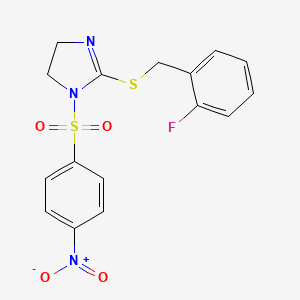 molecular formula C16H14FN3O4S2 B2484107 2-[(2-Fluorophenyl)methylsulfanyl]-1-(4-nitrophenyl)sulfonyl-4,5-dihydroimidazole CAS No. 868218-54-6