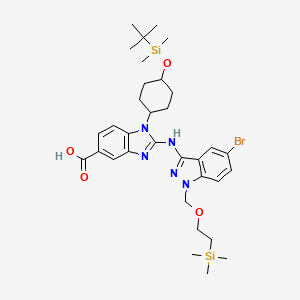 molecular formula C33H48BrN5O4Si2 B2484168 2-(5-bromo-1-((2-(trimethylsilyl)ethoxy)methyl)-1H-indazol-3-ylamino)-1-((1r,4r)-4-(tert-butyldimethylsilyloxy)cyclohexyl)-1H-benzo[d]imidazole-5-carboxylic acid CAS No. 1415565-14-8