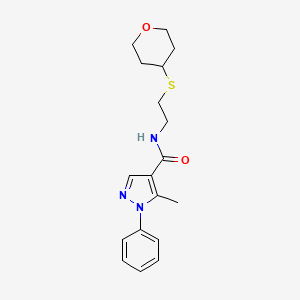 molecular formula C18H23N3O2S B2484210 5-methyl-1-phenyl-N-(2-((tetrahydro-2H-pyran-4-yl)thio)ethyl)-1H-pyrazole-4-carboxamide CAS No. 1903863-14-8