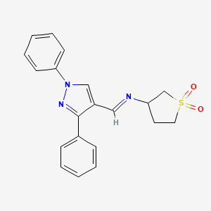 molecular formula C20H19N3O2S B2484327 (E)-3-(((1,3-diphenyl-1H-pyrazol-4-yl)methylene)amino)tetrahydrothiophene 1,1-dioxide CAS No. 385388-11-4