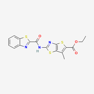 molecular formula C17H13N3O3S3 B2484339 2-(苯并[d]噻唑-2-甲酰胺)-6-甲基噻吩并[2,3-d]噻唑-5-羧酸乙酯 CAS No. 681159-66-0