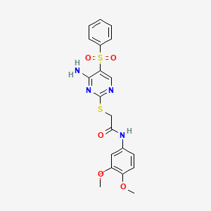 molecular formula C20H20N4O5S2 B2484342 2-((4-amino-5-(phenylsulfonyl)pyrimidin-2-yl)thio)-N-(3,4-dimethoxyphenyl)acetamide CAS No. 894947-63-8