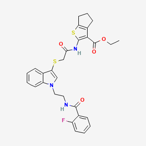 molecular formula C29H28FN3O4S2 B2484407 ethyl 2-[[2-[1-[2-[(2-fluorobenzoyl)amino]ethyl]indol-3-yl]sulfanylacetyl]amino]-5,6-dihydro-4H-cyclopenta[b]thiophene-3-carboxylate CAS No. 532973-22-1