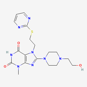 molecular formula C18H24N8O3S B2484475 8-[4-(2-Hydroxyethyl)piperazin-1-yl]-3-methyl-7-(2-pyrimidin-2-ylsulfanylethyl)purine-2,6-dione CAS No. 685860-61-1