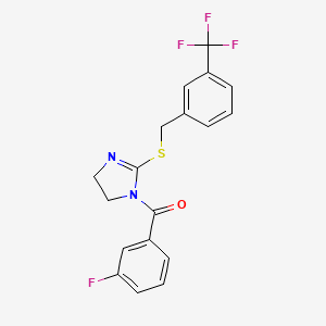 molecular formula C18H14F4N2OS B2484599 (3-fluorophenyl)(2-((3-(trifluoromethyl)benzyl)thio)-4,5-dihydro-1H-imidazol-1-yl)methanone CAS No. 851805-70-4