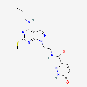 molecular formula C16H20N8O2S B2484672 N-(2-(6-(甲硫基)-4-(丙基氨基)-1H-嘧啶并[3,4-d]嘧啶-1-基)乙基)-6-氧代-1,6-二氢吡啶并-3-甲酸胺 CAS No. 1170462-37-9