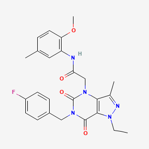 molecular formula C25H26FN5O4 B2484781 2-(1-ethyl-6-(4-fluorobenzyl)-3-methyl-5,7-dioxo-6,7-dihydro-1H-pyrazolo[4,3-d]pyrimidin-4(5H)-yl)-N-(2-methoxy-5-methylphenyl)acetamide CAS No. 1357816-35-3