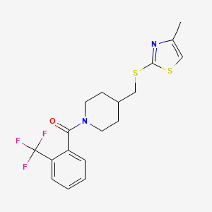 molecular formula C18H19F3N2OS2 B2484894 (4-(((4-Methylthiazol-2-yl)thio)methyl)piperidin-1-yl)(2-(trifluoromethyl)phenyl)methanone CAS No. 1421495-07-9