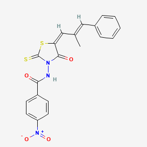 molecular formula C20H15N3O4S2 B2484923 N-((E)-5-((E)-2-methyl-3-phenylallylidene)-4-oxo-2-thioxothiazolidin-3-yl)-4-nitrobenzamide CAS No. 638137-61-8