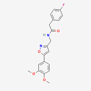 molecular formula C20H19FN2O4 B2484963 N-((5-(3,4-dimethoxyphenyl)isoxazol-3-yl)methyl)-2-(4-fluorophenyl)acetamide CAS No. 953211-07-9