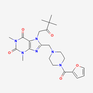 molecular formula C23H30N6O5 B2485001 7-(3,3-dimethyl-2-oxobutyl)-8-((4-(furan-2-carbonyl)piperazin-1-yl)methyl)-1,3-dimethyl-1H-purine-2,6(3H,7H)-dione CAS No. 887197-31-1