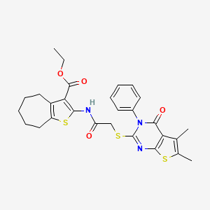 molecular formula C28H29N3O4S3 B2485040 乙酸乙酯 2-(2-((5,6-二甲基-4-氧代-3-苯基-3,4-二氢噻吩[2,3-d]嘧啶-2-基)硫基)乙酰氨基)-5,6,7,8-四氢-4H-环庚-3-羧酸乙酯 CAS No. 500112-47-0