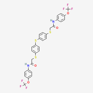 molecular formula C30H22F6N2O4S3 B2485051 2-[4-[4-[2-oxo-2-[4-(trifluoromethoxy)anilino]ethyl]sulfanylphenyl]sulfanylphenyl]sulfanyl-N-[4-(trifluoromethoxy)phenyl]acetamide CAS No. 882079-20-1