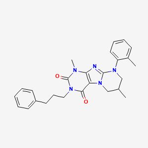 molecular formula C26H29N5O2 B2485121 1,7-dimethyl-3-(3-phenylpropyl)-9-(o-tolyl)-6,7,8,9-tetrahydropyrimido[2,1-f]purine-2,4(1H,3H)-dione CAS No. 877618-04-7