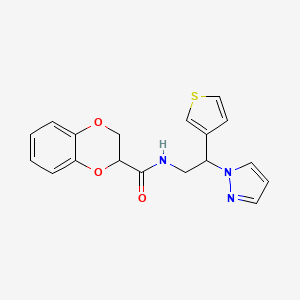 molecular formula C18H17N3O3S B2485148 N-(2-(1H-pyrazol-1-yl)-2-(thiophen-3-yl)ethyl)-2,3-dihydrobenzo[b][1,4]dioxine-2-carboxamide CAS No. 2034595-75-8