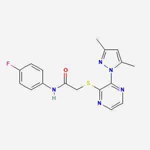 molecular formula C17H16FN5OS B2485180 2-((3-(3,5-二甲基-1H-吡唑-1-基)吡嘧啶-2-基)硫代)-N-(4-氟苯基)乙酰胺 CAS No. 1251594-00-9