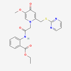 molecular formula C22H22N4O5S B2485353 ethyl 2-(2-(5-methoxy-4-oxo-2-((pyrimidin-2-ylthio)methyl)pyridin-1(4H)-yl)acetamido)benzoate CAS No. 1005292-19-2