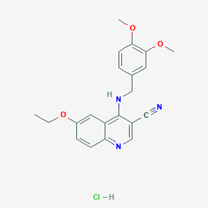 molecular formula C21H22ClN3O3 B2485362 4-((3,4-Dimethoxybenzyl)amino)-6-ethoxyquinoline-3-carbonitrile hydrochloride CAS No. 1331239-74-7