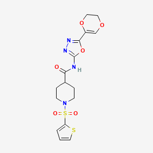 molecular formula C16H18N4O6S2 B2485377 N-(5-(5,6-dihydro-1,4-dioxin-2-yl)-1,3,4-oxadiazol-2-yl)-1-(thiophen-2-ylsulfonyl)piperidine-4-carboxamide CAS No. 899959-02-5