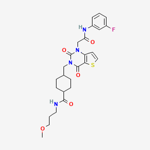 molecular formula C26H31FN4O5S B2485405 4-((1-(2-((3-fluorophenyl)amino)-2-oxoethyl)-2,4-dioxo-1,2-dihydrothieno[3,2-d]pyrimidin-3(4H)-yl)methyl)-N-(3-methoxypropyl)cyclohexanecarboxamide CAS No. 1029768-13-5